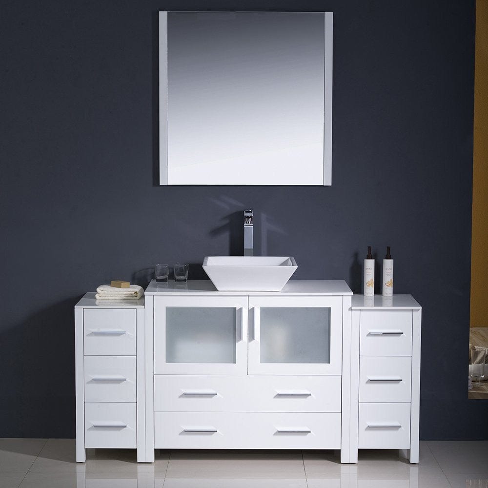 Fresca Torino 60 White Modern Bathroom Vanity w/ 2 Side Cabinets & Vessel Sink