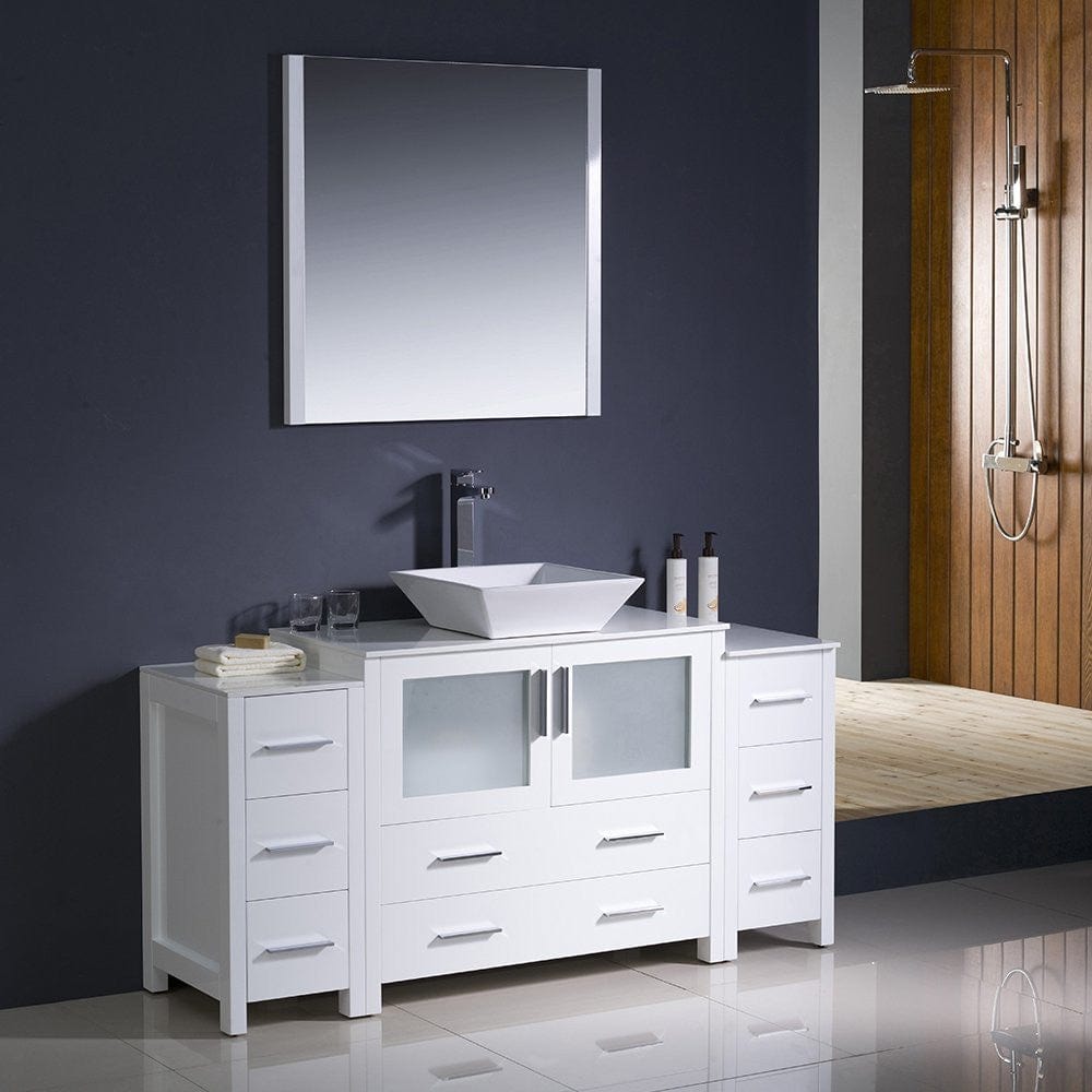Fresca Torino 60 White Modern Bathroom Vanity w/ 2 Side Cabinets & Vessel Sink