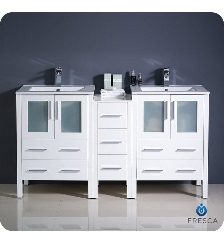 Fresca Torino 60 White Modern Double Sink Bathroom Cabinets w/ Integrated Sinks