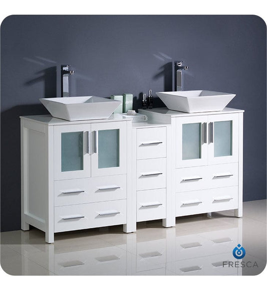 Fresca Torino 60 White Modern Double Sink Bathroom Cabinets w/ Tops & Vessel Sinks