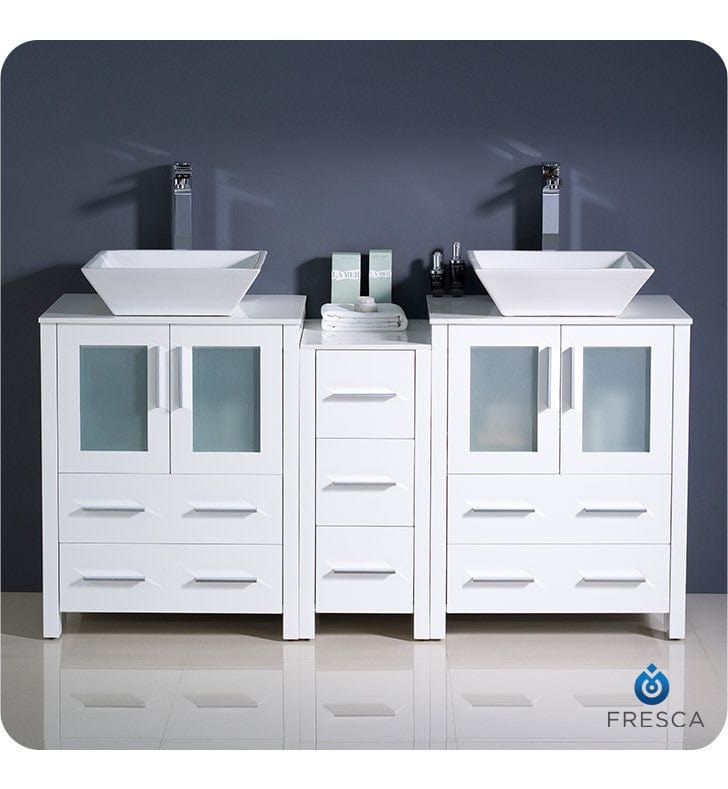 Fresca Torino 60 White Modern Double Sink Bathroom Cabinets w/ Tops & Vessel Sinks