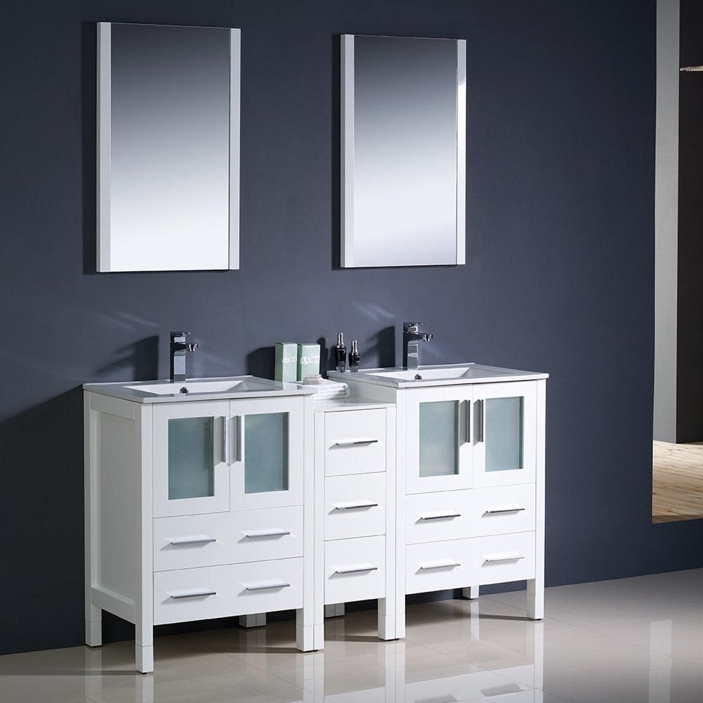 Fresca Torino 60 White Modern Double Sink Bathroom Vanity w/ Side Cabinet & Integrated Sinks