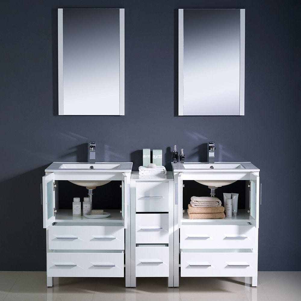 Fresca Torino 60 White Modern Double Sink Bathroom Vanity w/ Side Cabinet & Integrated Sinks