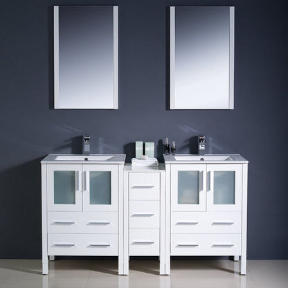 Fresca Torino 60 White Modern Double Sink Bathroom Vanity w/ Side Cabinet & Integrated Sinks