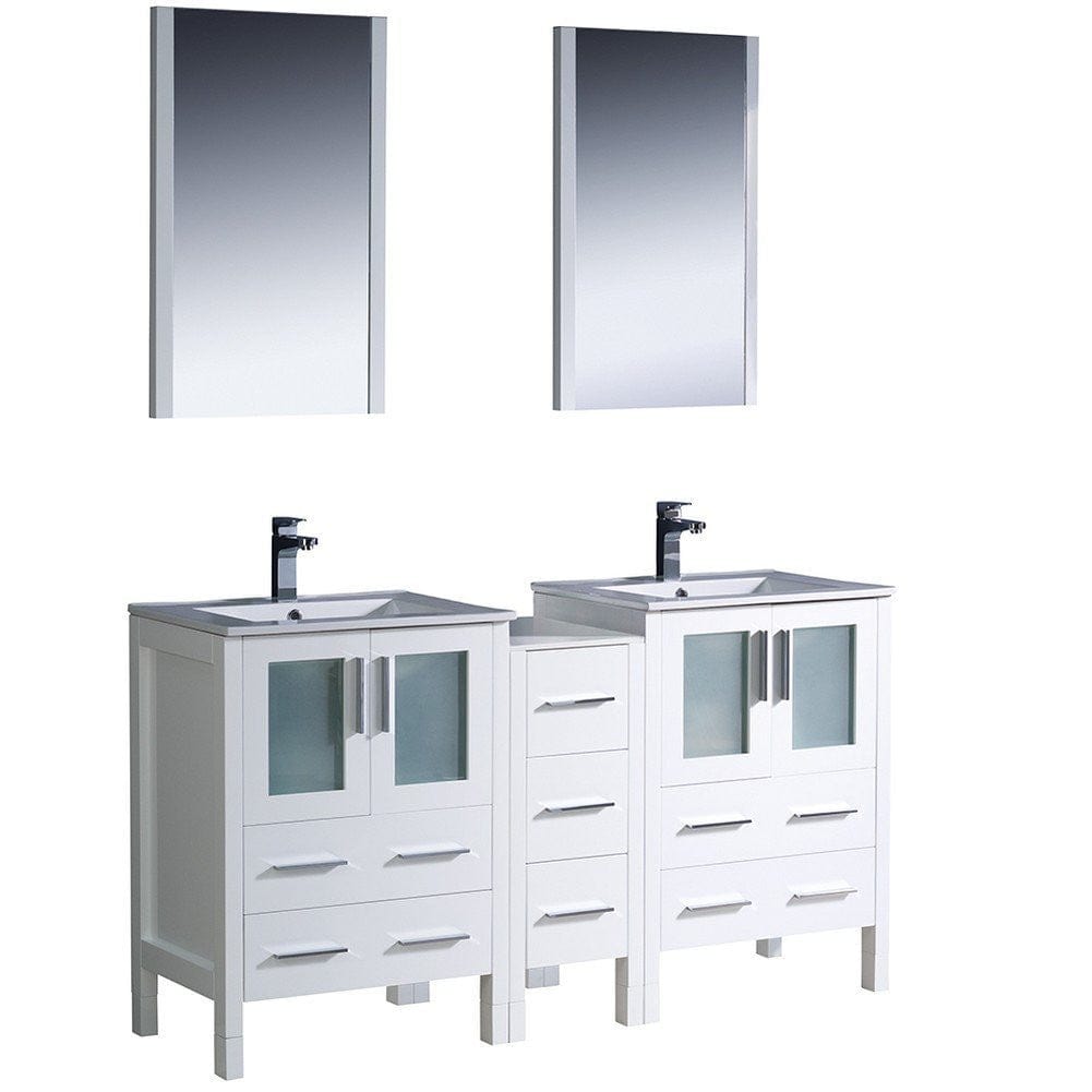 Fresca Torino 60" White Modern Double Sink Bathroom Vanity w/ Side Cabinet & Integrated Sinks