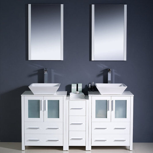Fresca Torino 60 White Modern Double Sink Bathroom Vanity w/ Side Cabinet & Vessel Sinks