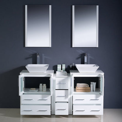 Fresca Torino 60 White Modern Double Sink Bathroom Vanity w/ Side Cabinet & Vessel Sinks