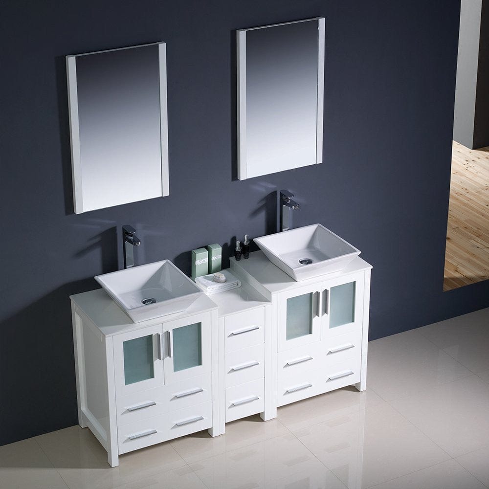 Fresca Torino 60 White Modern Double Sink Bathroom Vanity w/ Side Cabinet & Vessel Sinks