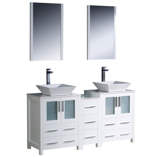 Fresca Torino 60" White Modern Double Sink Bathroom Vanity w/ Side Cabinet & Vessel Sinks