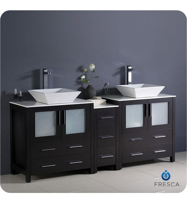 Fresca Torino 72 Espresso Modern Double Sink Bathroom Cabinets w/ Tops & Vessel Sinks