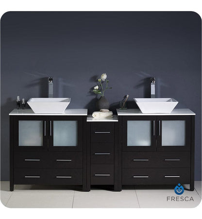 Fresca Torino 72 Espresso Modern Double Sink Bathroom Cabinets w/ Tops & Vessel Sinks