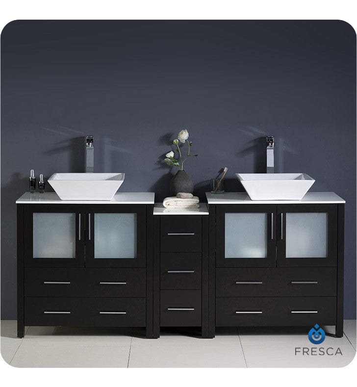 Fresca Torino 72 Espresso Modern Double Sink Bathroom Cabinets w/ Tops & Vessel Sinks