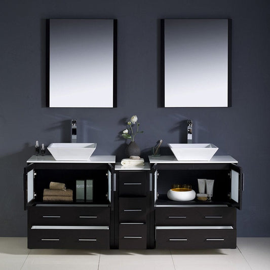 Fresca Torino 72 Espresso Modern Double Sink Bathroom Vanity w/ Side Cabinet & Vessel Sinks