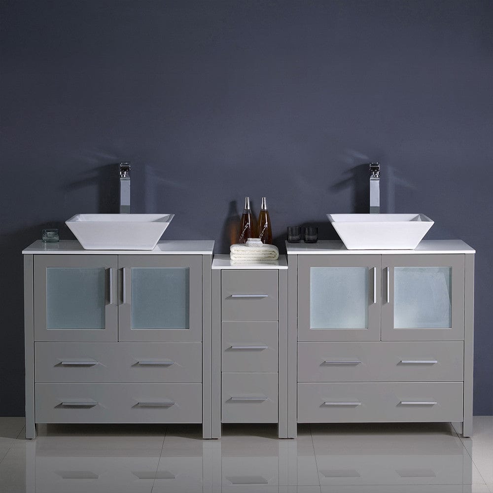 Fresca Torino 72 Gray Modern Double Sink Bathroom Cabinets w/ Tops & Vessel Sinks