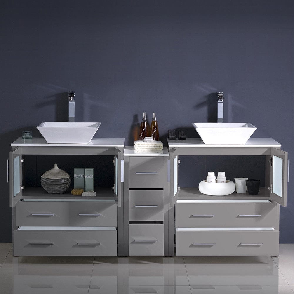 Fresca Torino 72 Gray Modern Double Sink Bathroom Cabinets w/ Tops & Vessel Sinks