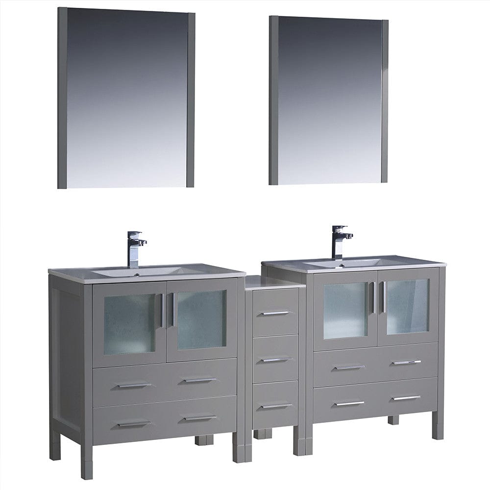 Fresca Torino 72" Gray Modern Double Sink Bathroom Vanity w/ Side Cabinet & Integrated Sinks