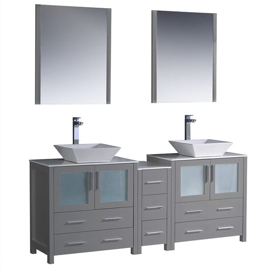 Fresca Torino 72" Gray Modern Double Sink Bathroom Vanity w/ Side Cabinet & Vessel Sinks