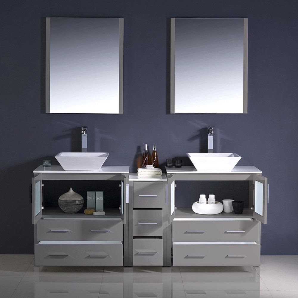 Fresca Torino 72 Gray Modern Double Sink Bathroom Vanity w/ Side Cabinet & Vessel Sinks