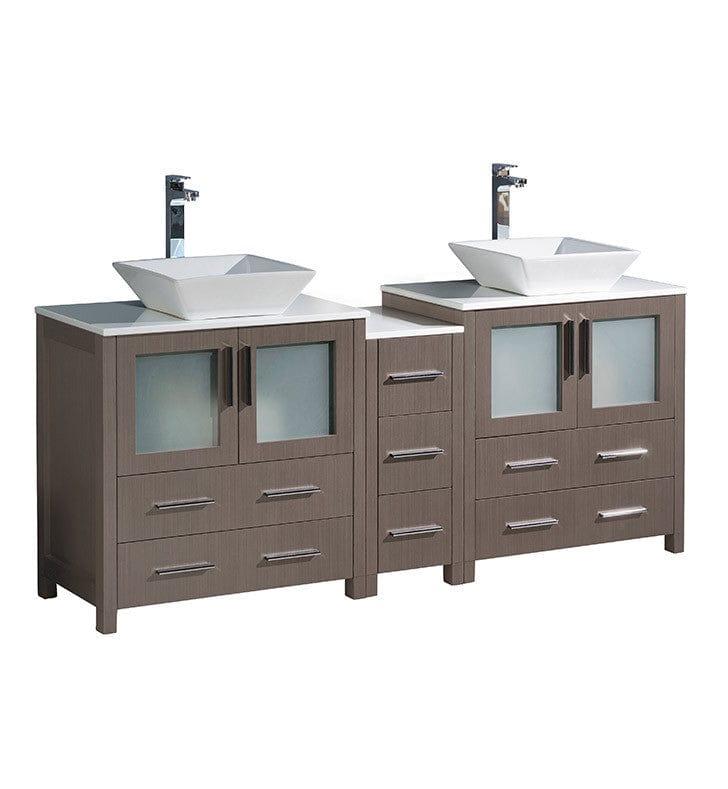 Fresca Torino 72" Gray Oak Modern Double Sink Bathroom Cabinets w/ Tops & Vessel Sinks