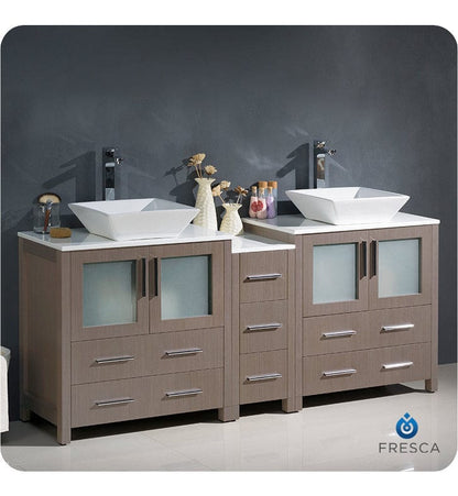 Fresca Torino 72 Gray Oak Modern Double Sink Bathroom Cabinets w/ Tops & Vessel Sinks