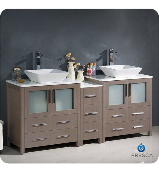 Fresca Torino 72 Gray Oak Modern Double Sink Bathroom Cabinets w/ Tops & Vessel Sinks