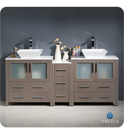 Fresca Torino 72 Gray Oak Modern Double Sink Bathroom Cabinets w/ Tops & Vessel Sinks