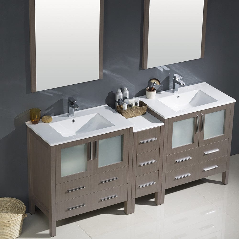 Fresca Torino 72 Gray Oak Modern Double Sink Bathroom Vanity w/ Side Cabinet & Integrated Sinks