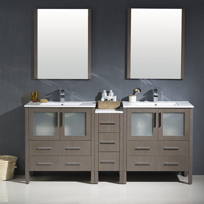 Fresca Torino 72 Gray Oak Modern Double Sink Bathroom Vanity w/ Side Cabinet & Integrated Sinks