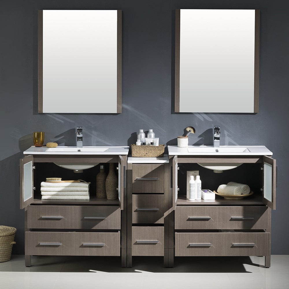 Fresca Torino 72 Gray Oak Modern Double Sink Bathroom Vanity w/ Side Cabinet & Integrated Sinks