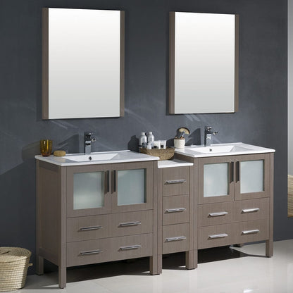 Fresca Torino 72 Gray Oak Modern Double Sink Bathroom Vanity w/ Side Cabinet & Integrated Sinks