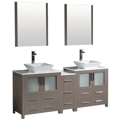 Fresca Torino 72" Gray Oak Modern Double Sink Bathroom Vanity w/ Side Cabinet & Vessel Sinks