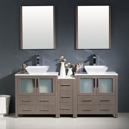 Fresca Torino 72 Gray Oak Modern Double Sink Bathroom Vanity w/ Side Cabinet & Vessel Sinks