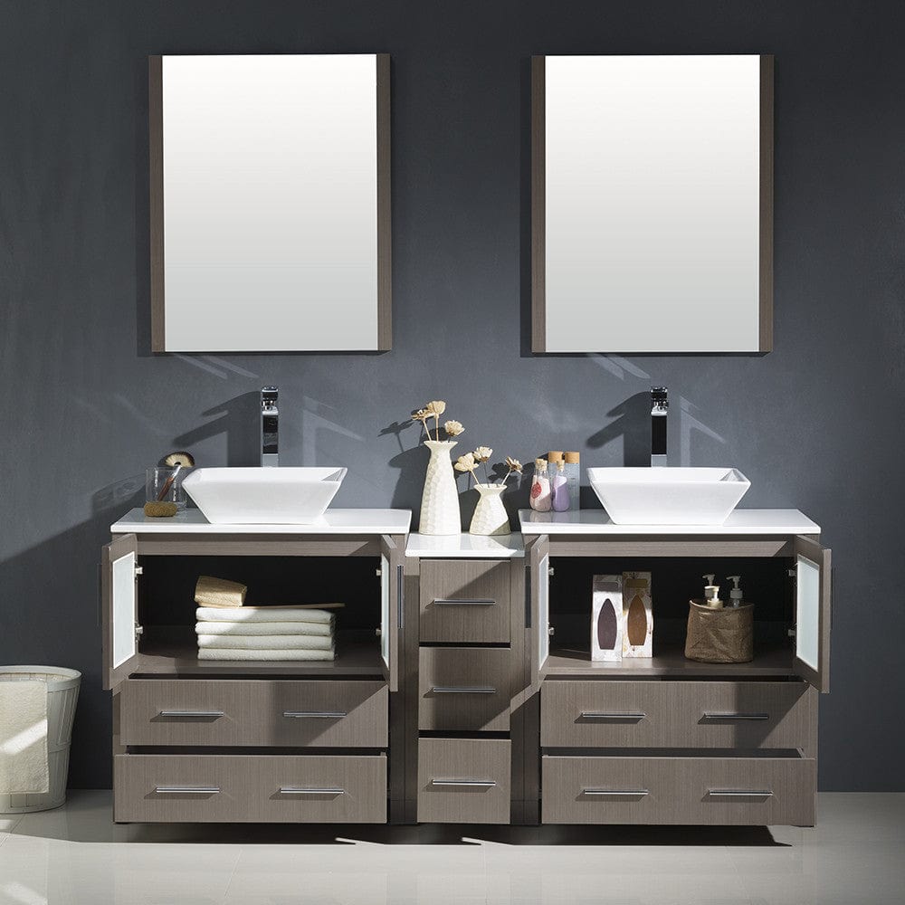 Fresca Torino 72 Gray Oak Modern Double Sink Bathroom Vanity w/ Side Cabinet & Vessel Sinks