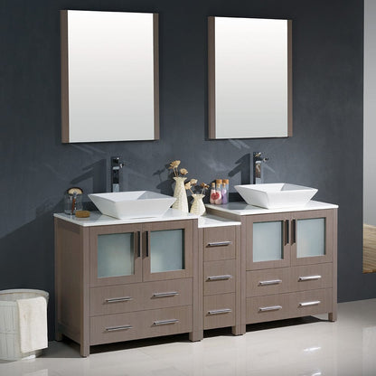 Fresca Torino 72 Gray Oak Modern Double Sink Bathroom Vanity w/ Side Cabinet & Vessel Sinks