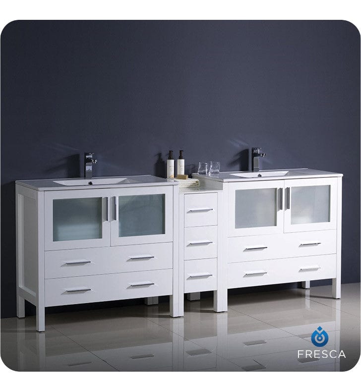Fresca Torino 72 White Modern Double Sink Bathroom Cabinets w/ Integrated Sinks