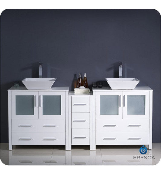 Fresca Torino 72 White Modern Double Sink Bathroom Cabinets w/ Tops & Vessel Sinks