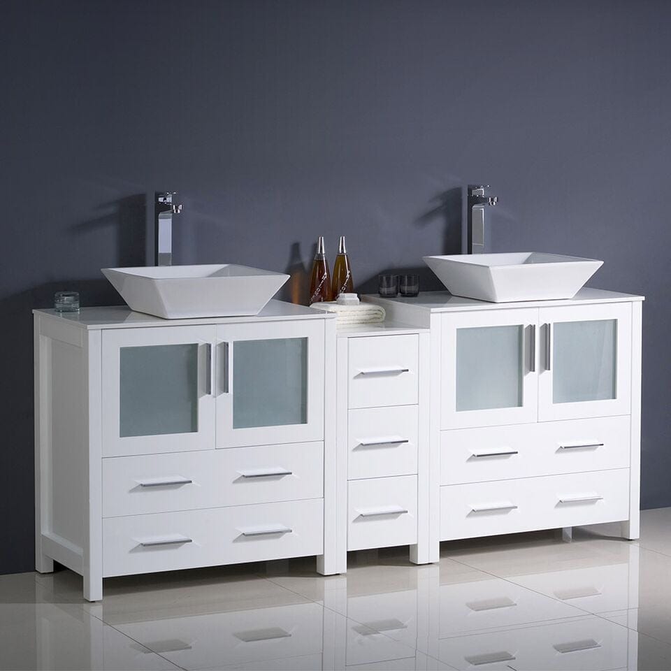 Fresca Torino 72 White Modern Double Sink Bathroom Cabinets w/ Tops & Vessel Sinks