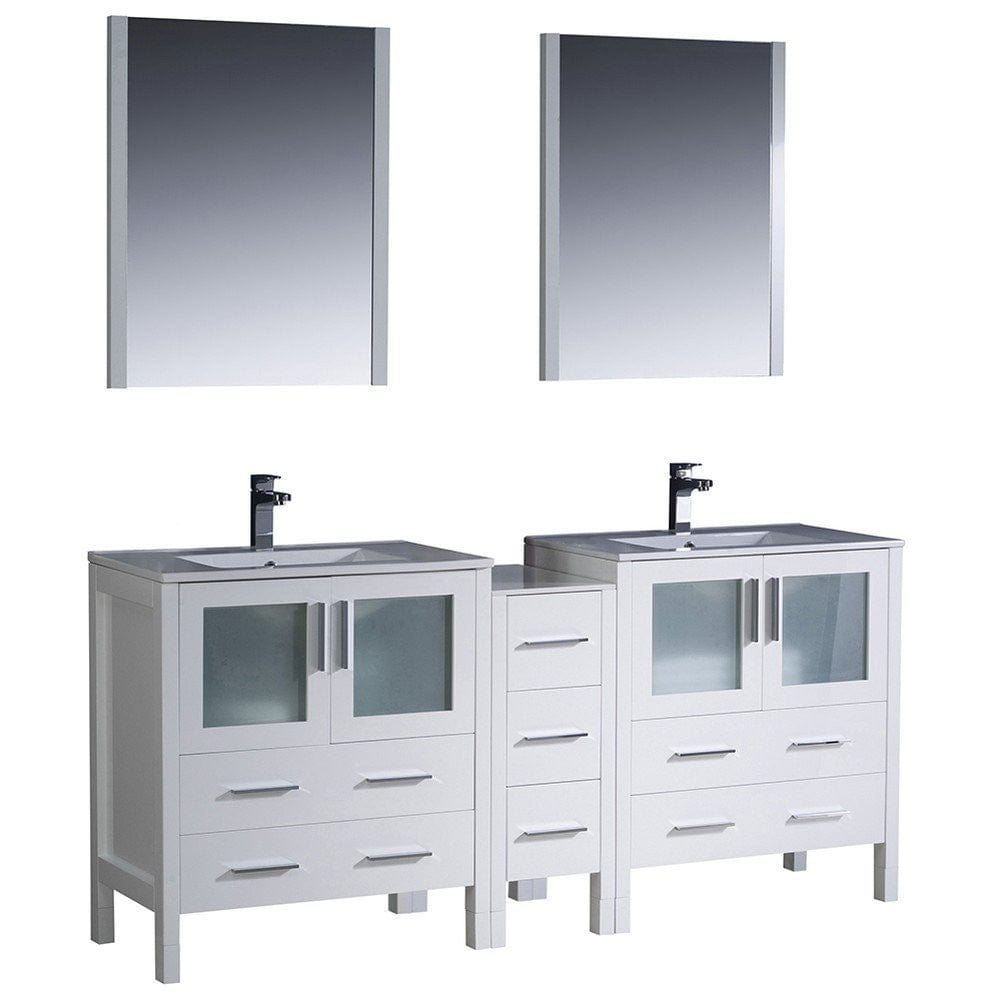 Fresca Torino 72" White Modern Double Sink Bathroom Vanity w/ Side Cabinet & Integrated Sinks