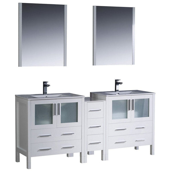 Fresca Torino 72 White Modern Double Sink Bathroom Vanity w/ Side Cabinet & Integrated Sinks
