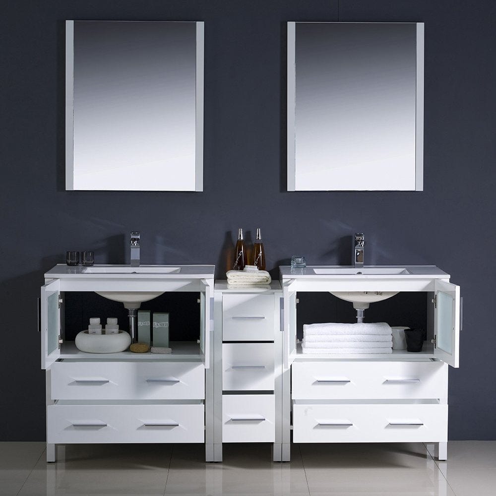 Fresca Torino 72 White Modern Double Sink Bathroom Vanity w/ Side Cabinet & Integrated Sinks