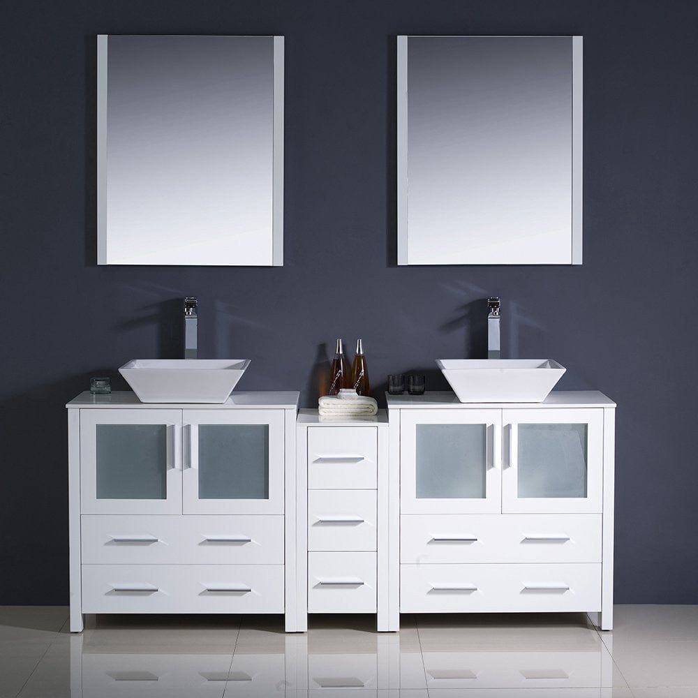 Fresca Torino 72 White Modern Double Sink Bathroom Vanity w/ Side Cabinet & Vessel Sinks