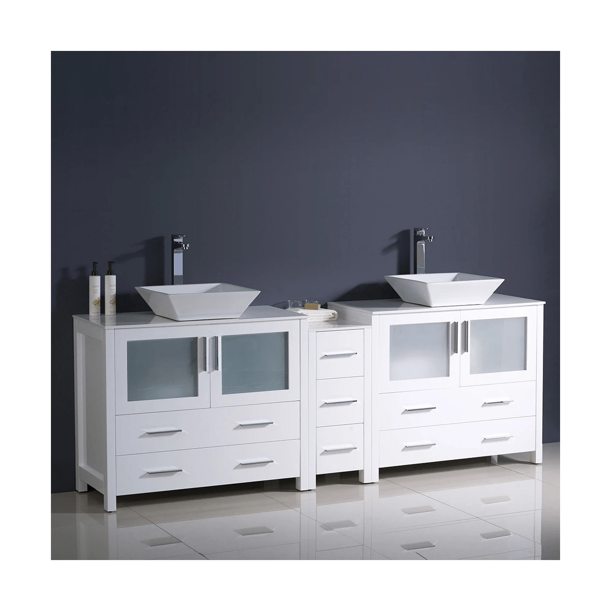 Fresca Torino 83-1/2" Free Standing Vanity Set with Engineered Wood Cabinet, Ceramic Vanity Top, and Dual Vessel Sinks