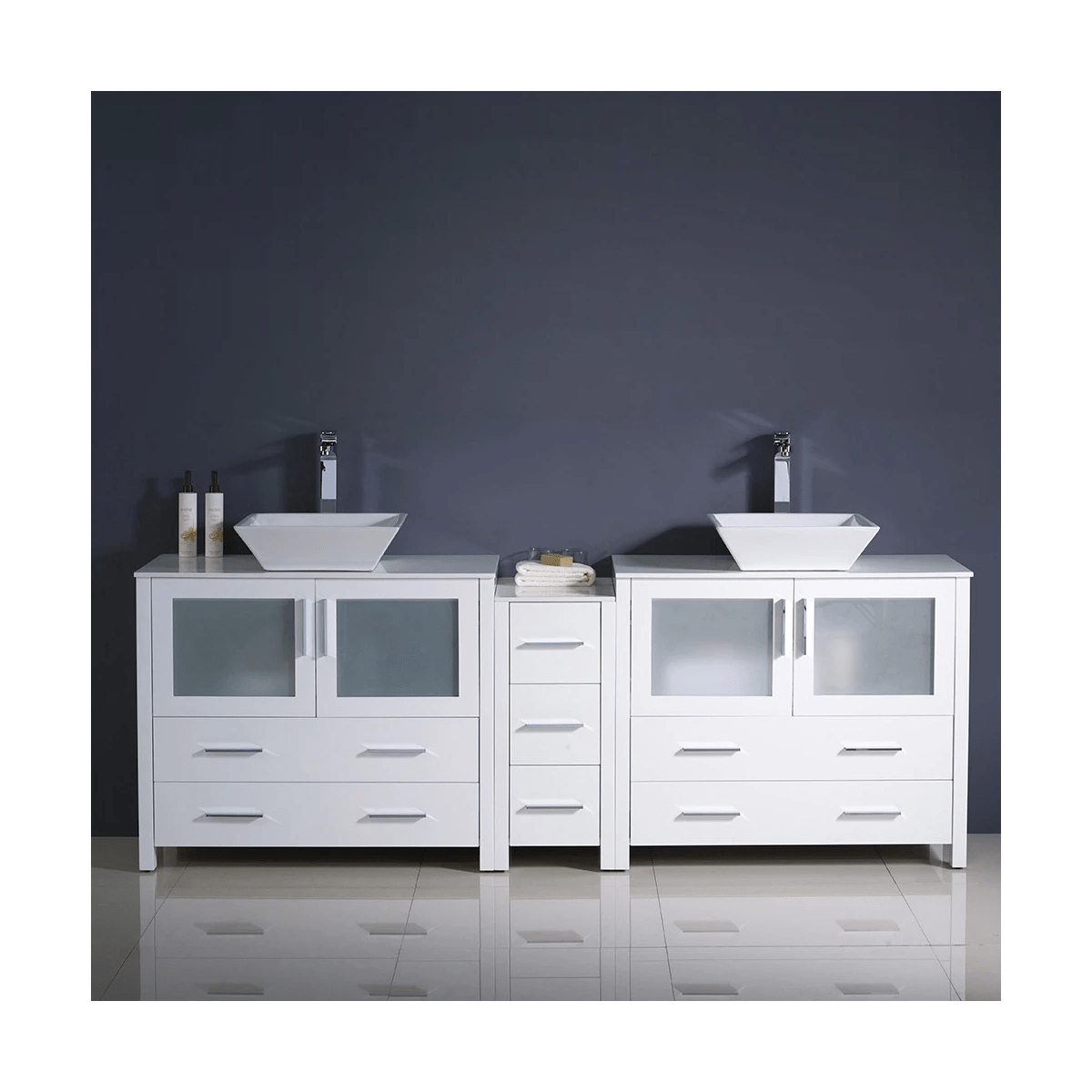 Fresca Torino 83-1/2" Free Standing Vanity Set with Engineered Wood Cabinet, Ceramic Vanity Top, and Dual Vessel Sinks