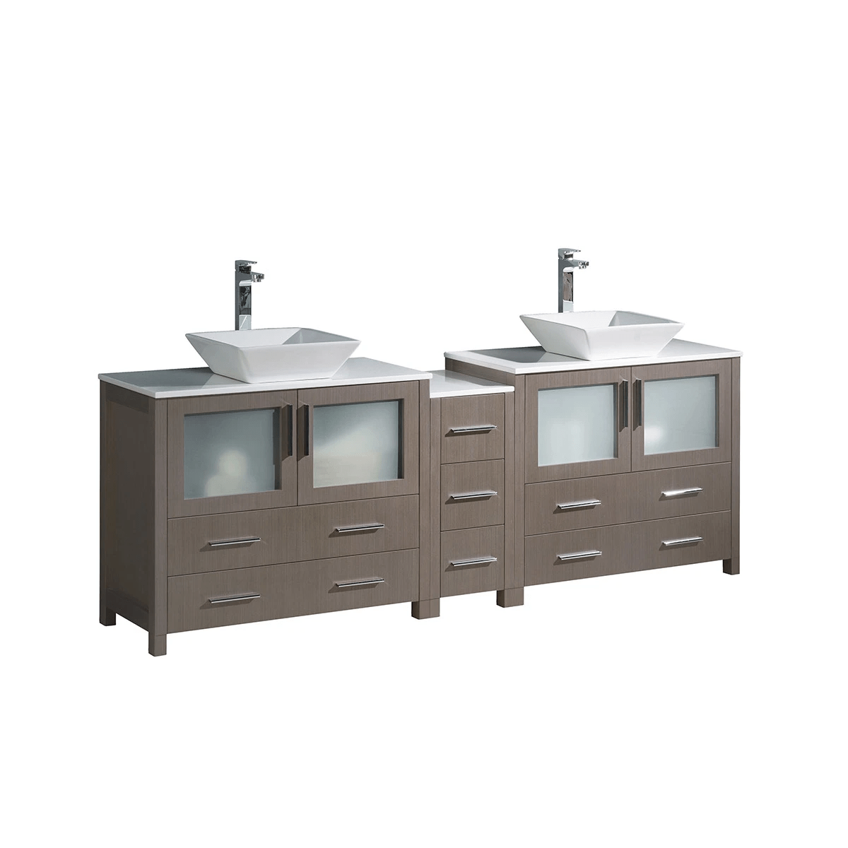 Fresca Torino 83-1/2" Gray Oak Free Standing Vanity, Ceramic Vanity Top, and Dual Vessel Sinks