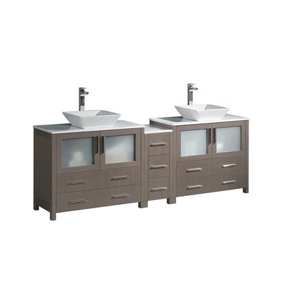 Fresca Torino 83-1/2" Gray Oak Free Standing Vanity, Ceramic Vanity Top, and Dual Vessel Sinks