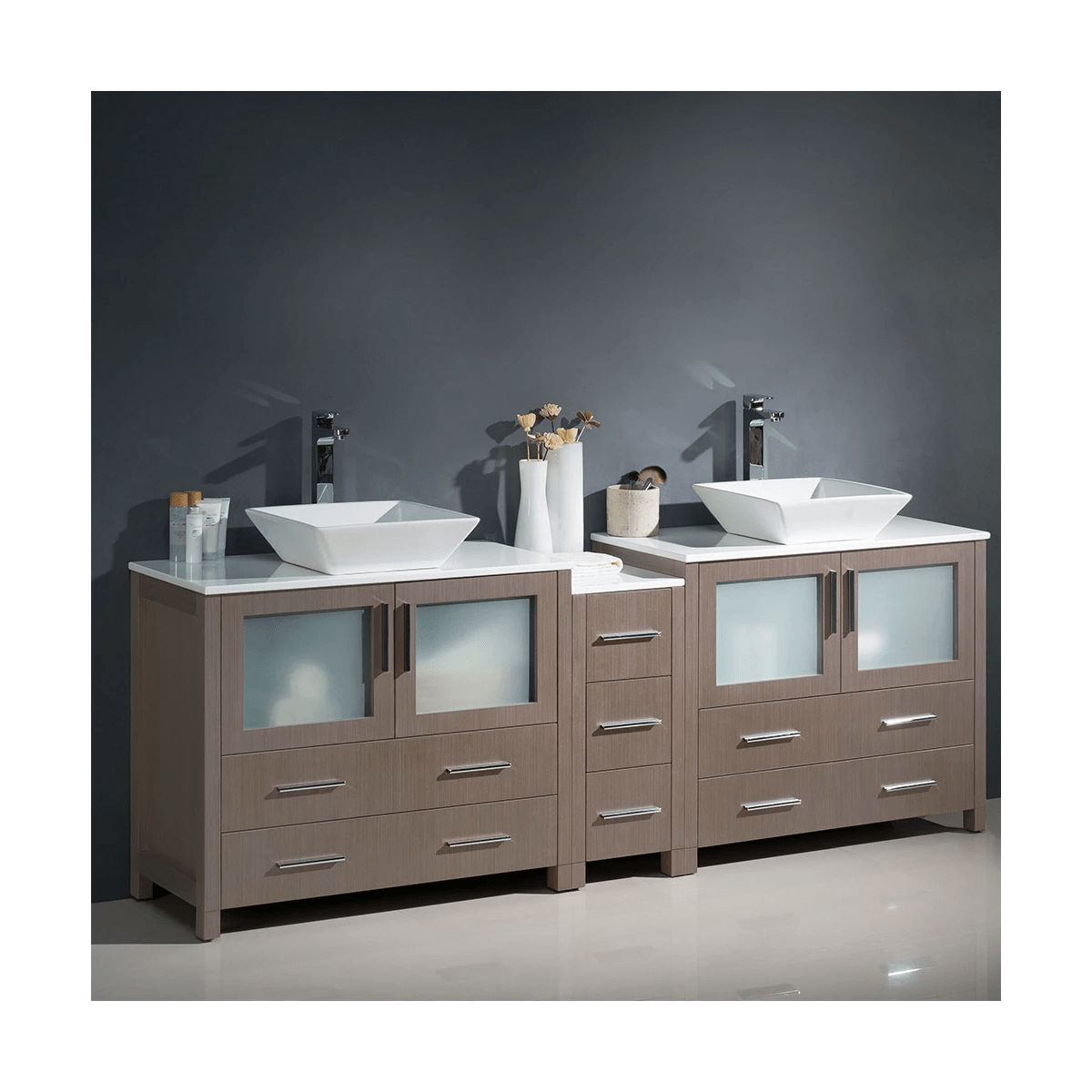 Fresca Torino 83-1/2" Gray Oak Free Standing Vanity, Ceramic Vanity Top, and Dual Vessel Sinks