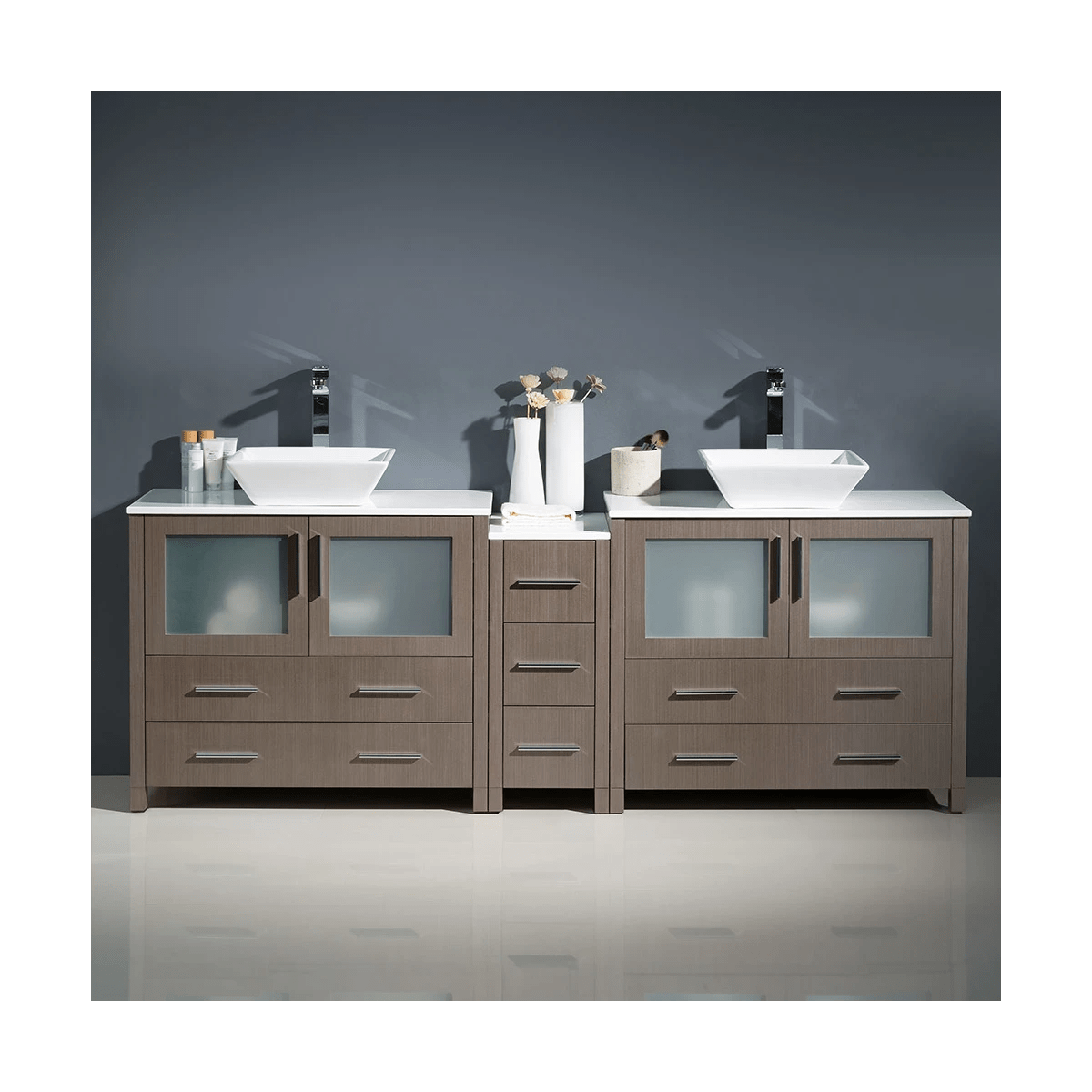 Fresca Torino 83-1/2" Gray Oak Free Standing Vanity, Ceramic Vanity Top, and Dual Vessel Sinks