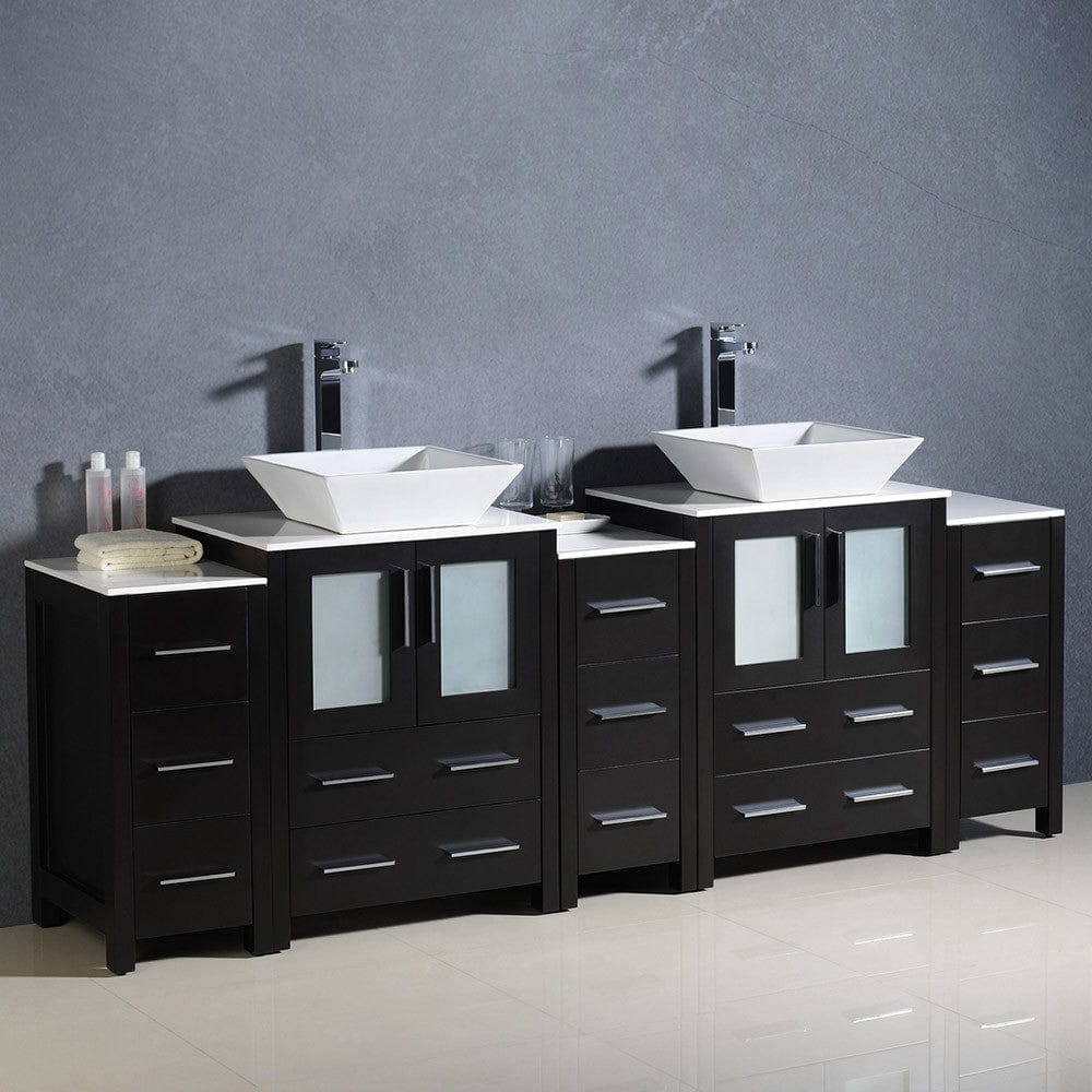 Fresca Torino 84 Espresso Modern Double Sink Bathroom Cabinets w/ Tops & Vessel Sinks