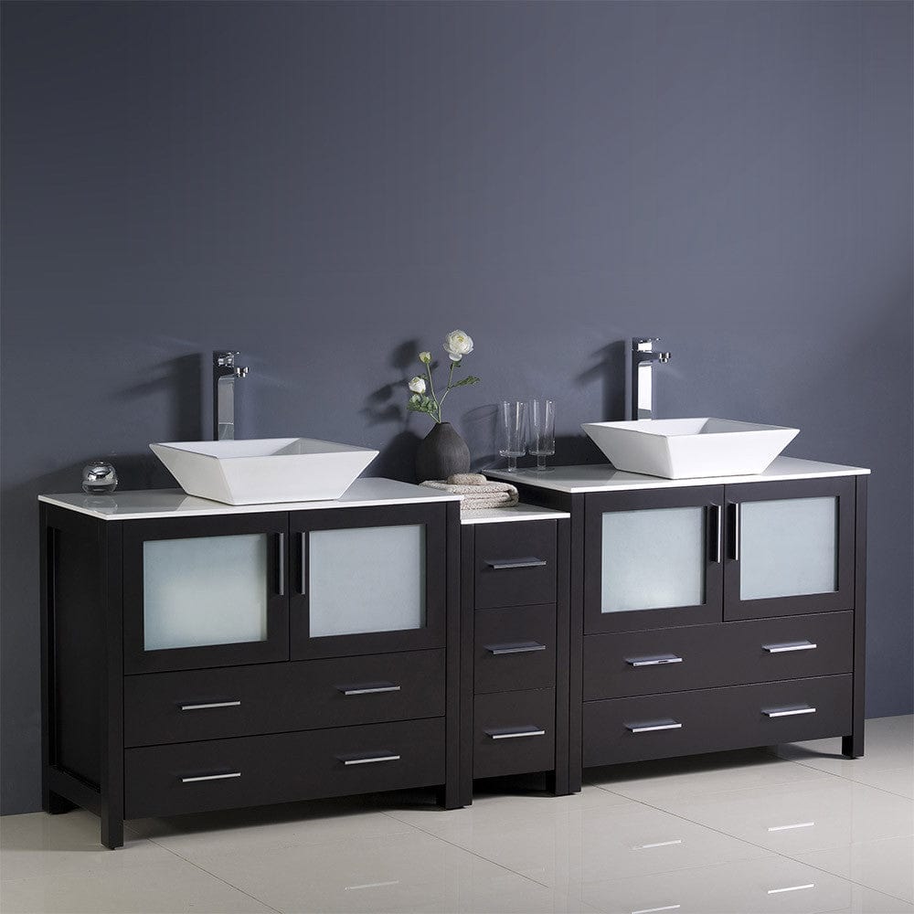 Fresca Torino 84 Espresso Modern Double Sink Bathroom Cabinets w/ Tops & Vessel Sinks