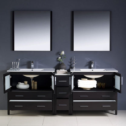 Fresca Torino 84 Espresso Modern Double Sink Bathroom Vanity w/ Side Cabinet & Integrated Sinks